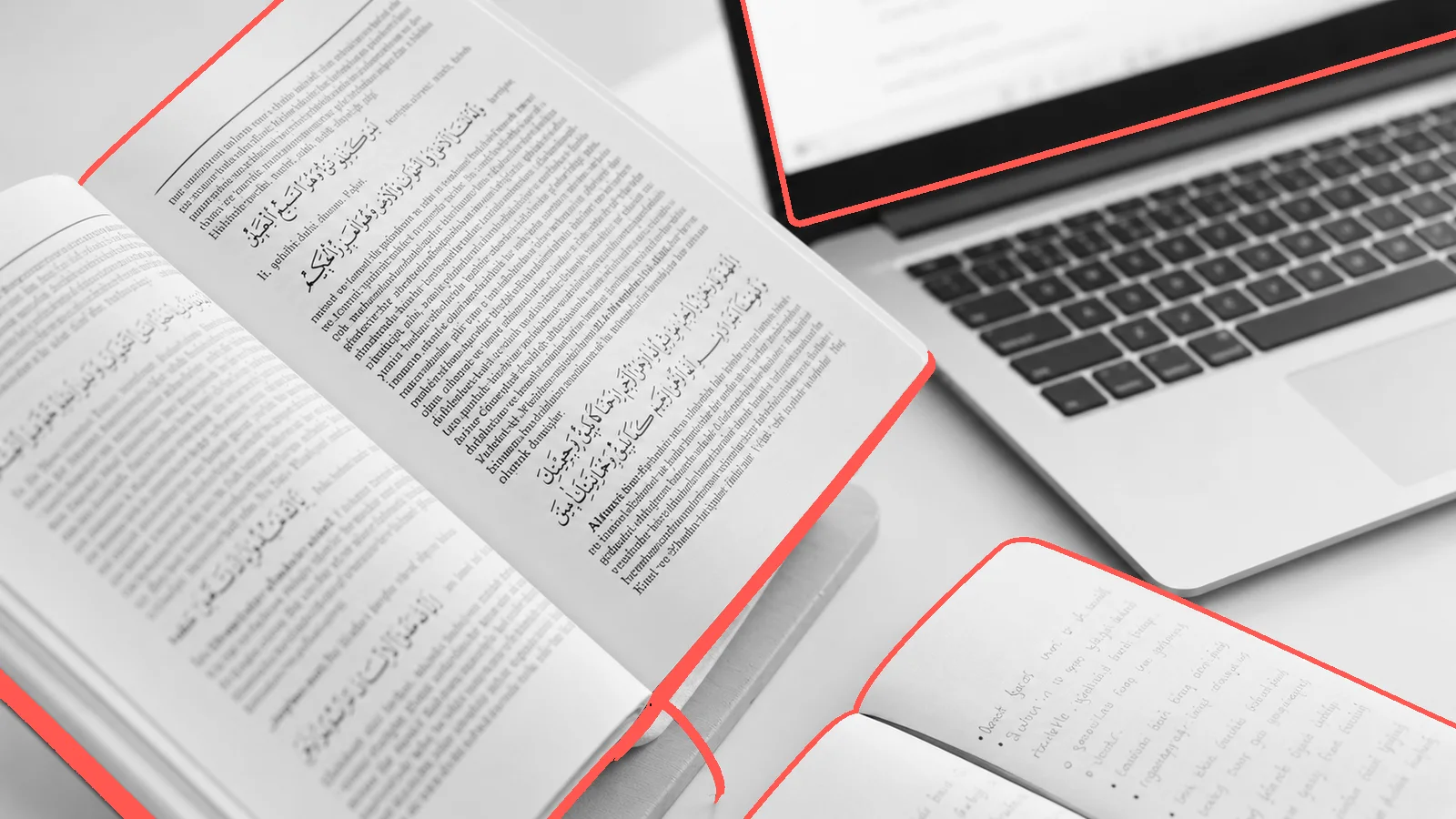 Учебная книга, персональные записи и ноутбук; редакционная иллюстрация, не объект клиента
