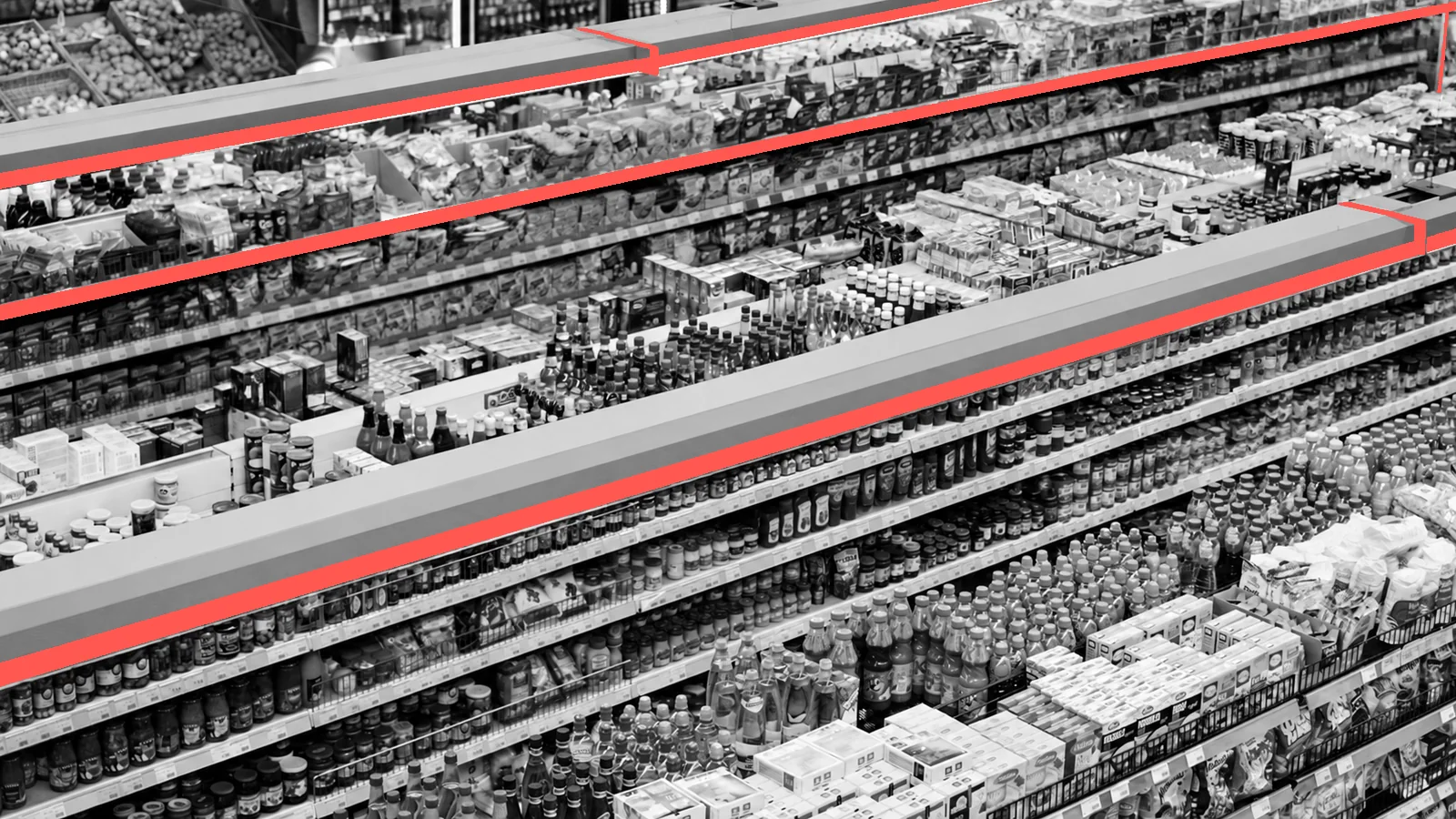Стеллажи продуктового магазина, снятые сверху, с красными контурами направляющих