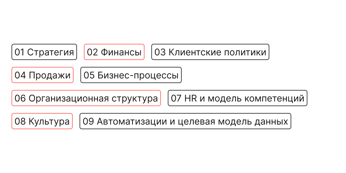 Модель «9 рычагов»: стратегия, финансы, клиентские политики, продажи, бизнес-процессы, организационная структура, HR и модель компетенций, культура, автоматизация и целевая модель данных